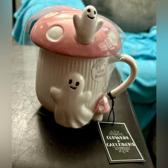 Cobwebs And Cauldrons Large Coffee Mushroom Ghost Mug Pink - Picture 2 of 2